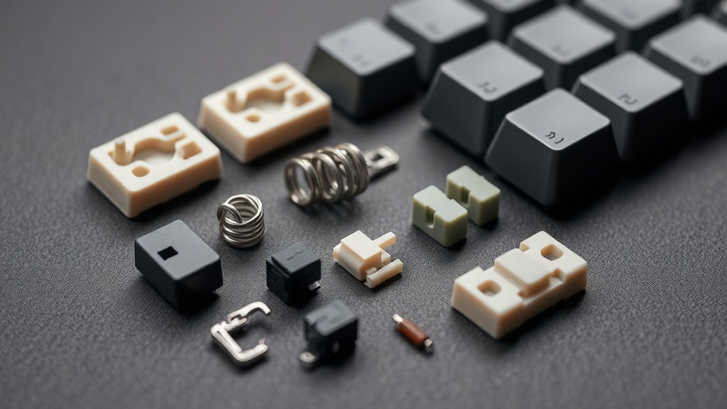 기계식 키보드 스위치의 내부 구조인 스프링, 슬라이더, 하우징이 분해되어 나열된 모습