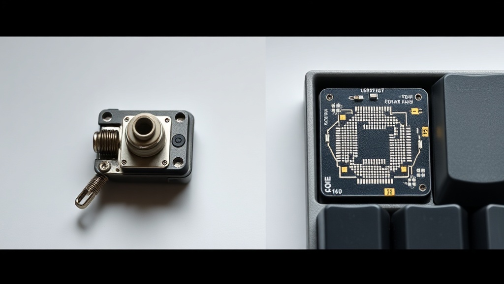 기계식 키보드의 개별 스위치 구조와 멤브레인 키보드의 고무 시트 구조를 대조하여 보여주는 이미지