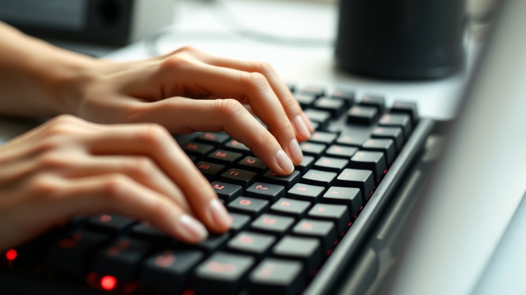 적축 키보드를 사용하여 부드럽게 타이핑하고 있는 사용자의 손 모습